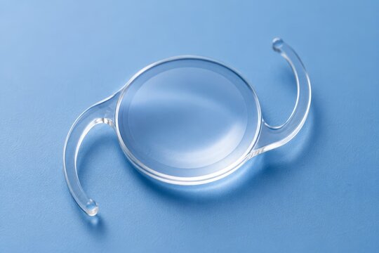 Intraocular lens for cataract eye surgery isolated on blue background. Medical device for vision correction. Implantable optic for ophthalmology clinic and healthcare procedure concept.