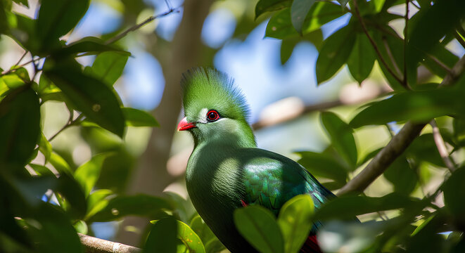 Vibrant Knysna Turaco Bird Perched in Lush Tropical Forest Foliage