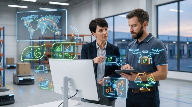 Business team analyzing global logistics and supply chain management with futuristic icons of drones, trucks and sustainability graphs in smart warehouse