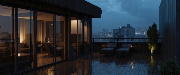 Obraz premium Modern rooftop terrace with city view during rain at dusk