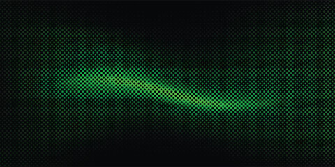 Green and black abstract halftone dot vignette background. Neon wavy gradient pop art texture on dark backdrop for modern graphic design, gaming banner, matrix style, and tech © satem as