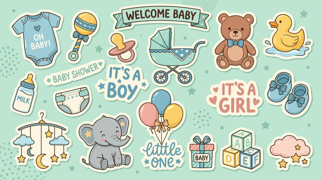 Baby Shower Nursery Sticker Element Set Flat Illustration Vector Hand Drawn Newborn Cute Gift Doodle Clipart EPS