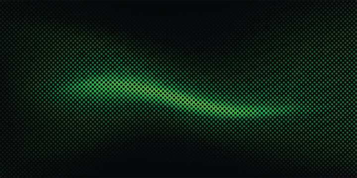 Green and black abstract halftone dot vignette background. Neon wavy gradient pop art texture on dark backdrop for modern graphic design, gaming banner, matrix style, and tech