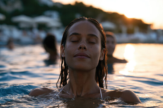 A serene portrait of a woman floating in a tranquil pool during sunset, showcasing a moment of deep reflection and connection with her inner self.
