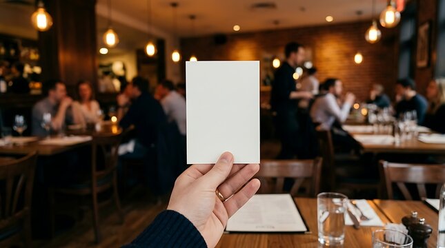 Hand holding a blank white card in a blurred restaurant setting