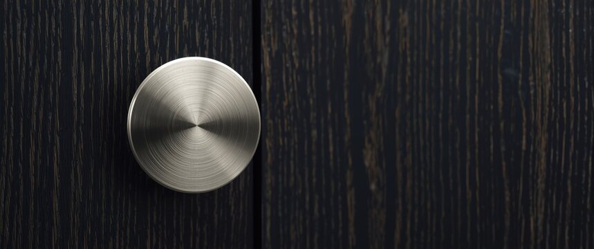 Brushed metal door knob on a dark wooden door