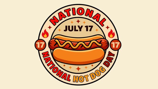National Hot Dog Day themed footage featuring a classic mustard hot dog inside a commemorative July 17 badge. Perfect for food promotions, restaurant marketing, holiday events, and festive campaigns.