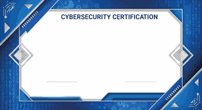 Cybersecurity certification template with futuristic blue tech border. High tech diploma layout with binary code and circuit patterns. Vector illustration of IT security award