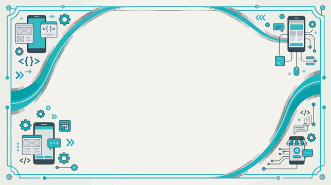 Mobile app development certificate template with blank space. UI UX design diploma frame with smartphone and coding icons. Vector illustration