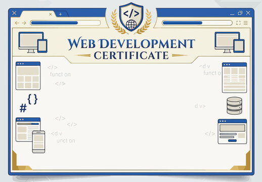 Web development certificate template with blank space. Browser window style diploma frame with coding and database icons. Vector illustration