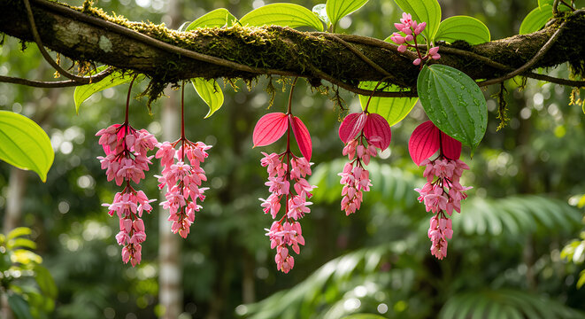 Exotic pink hanging flowers on mossy tropical branch in lush rainforest greenery