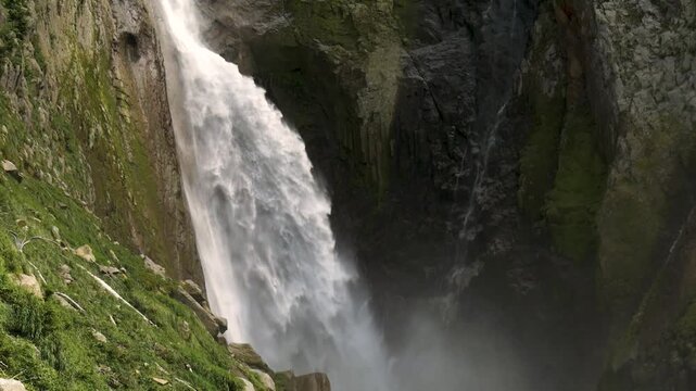 Powerful Close Up of Shomyo Falls Rushing Down Rocky Canyon, Japan
