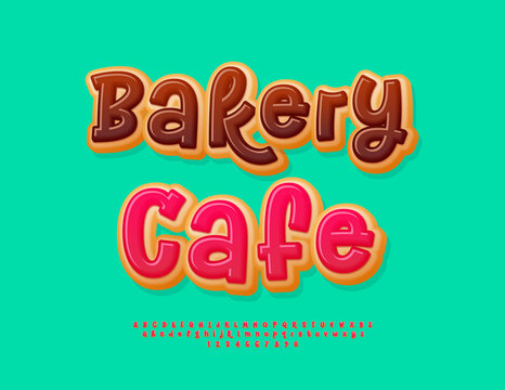 Vector tasty billboard Bakery Cafe. Sweet Glazed Font. Cake style set of Delicious Alphabet Letters and Numbers.