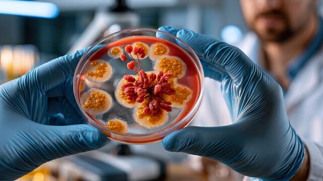Video of a lab technician&rsquo;s gloved hands holding a blood agar culture plate with Group B Strep colonies, inside a modern clinical laboratory.