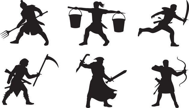 Collection of dynamic warrior and fantasy character silhouettes wielding different historical weapons and tools like swords and scythes