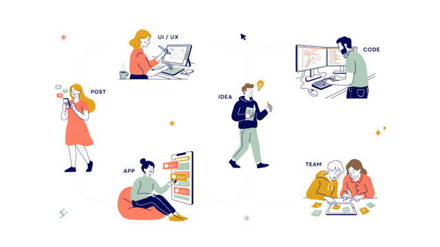 Colorful cartoon people working together in a modern office environment Vector