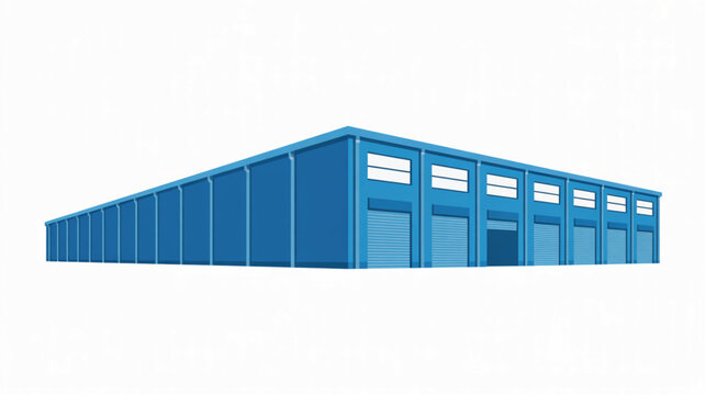 Blue industrial warehouse building with multiple closed roller doors is viewed from a low-angle perspective against a plain white background for architectural visualization.