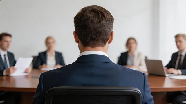 Rear view of male candidate sitting before hiring panel, facing four professional recruiters during formal corporate job interview or board meeting