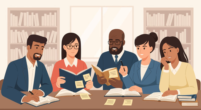 Diverse group of people engaged in focused study session at a library table