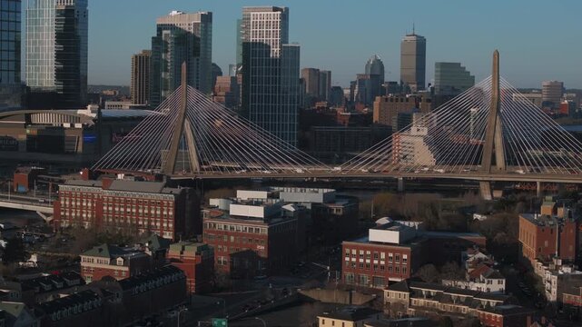 Aerial view of The Leonard P Zakim Bunker Hill Memorial Bridge at sunrise. Shot in Boston Massachusetts.