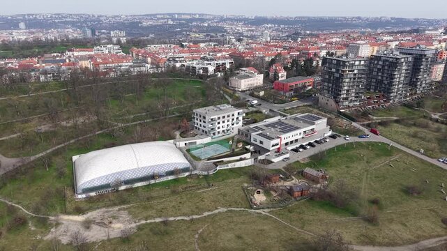 Aerial View of Prague, Czech Republic, Zizkov Neighborhood and Vitkov Hill, Drone Shot