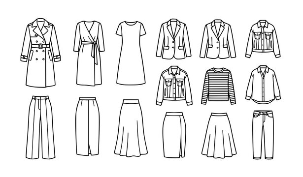 Women's Fashion Clothing Line Art Icon Set with Dress, Coat, Jacket, Skirt, and Pants for Apparel, Boutique, and Fashion Designs