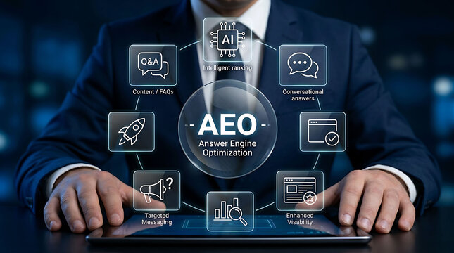 Businessman holding tablet with AEO Answer Engine Optimization marketing infographicBusinessman holding tablet with AEO Answer Engine Optimization marketing infographic