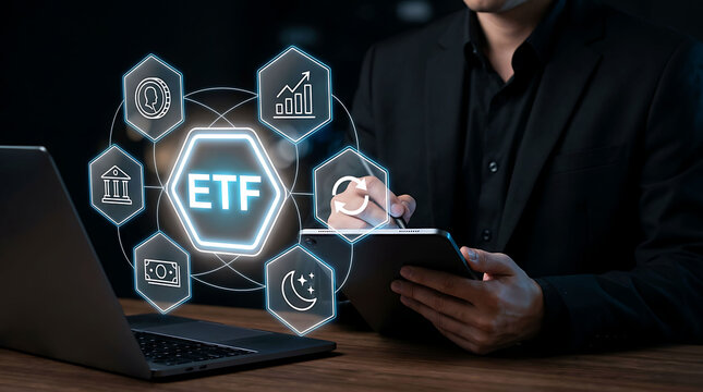 Businessman using tablet and laptop for ETF Exchange Traded Fund investment