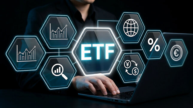 Businessman typing on laptop keyboard with ETF Exchange Traded Fund investment concept