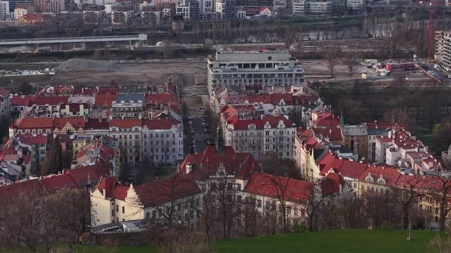 Drone Shot of Karlin Neighborhood of Prague, Czech Republic Under Vitkov Hill in Spring Season