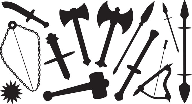 Impressive collection of ancient medieval weapon silhouettes featuring swords axes bows and maces perfect for historical artwork