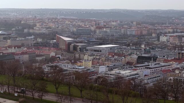 Prague, Czech Republic, Drone Shot of Karlin Neighborhood Under Vitkov Hill in Early Spring Season