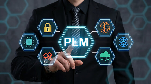 Businessman pointing at PLM product lifecycle management futuristic screen interface