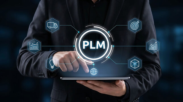 Businessman using digital tablet for PLM product lifecycle management network