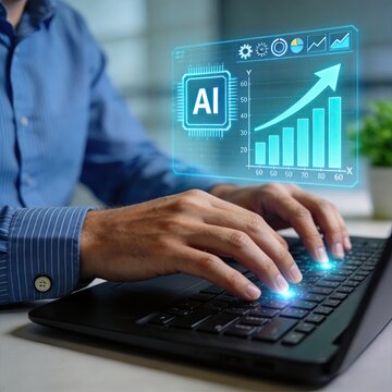 Artificial intelligence technology concept with glowing chip icon and rising bar chart showing data growth, machine learning and algorithm optimization for business analytics
