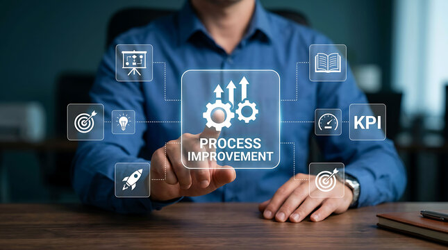 Man pressing virtual screen button for business process improvement with icons