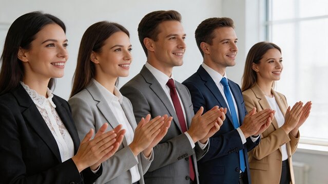 Diverse business team standing in row clapping hands with smiles, celebrating corporate success, achievement and teamwork in bright modern office environment