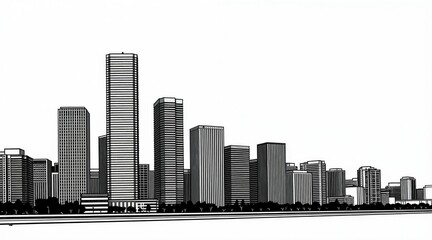 Obraz premium Black and white line art illustration of a city skyline with various skyscrapers. Modern buildings are arranged across the frame with trees at the base. Urban landscape art, simplified graphic style.