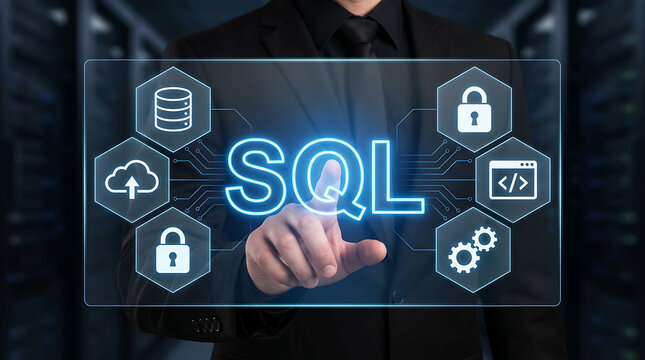 Businessman pointing at SQL virtual interface button in server room data center