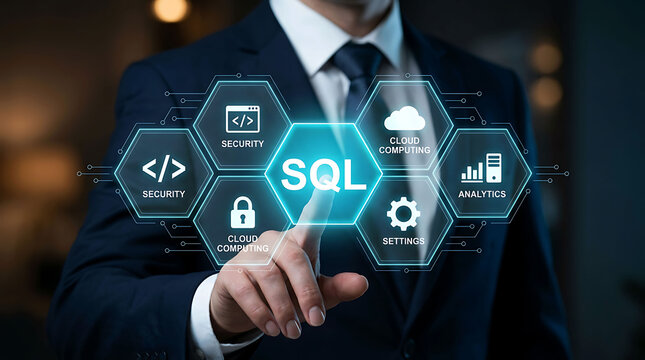 Businessman pointing at SQL hexagonal virtual interface button for cloud analytics