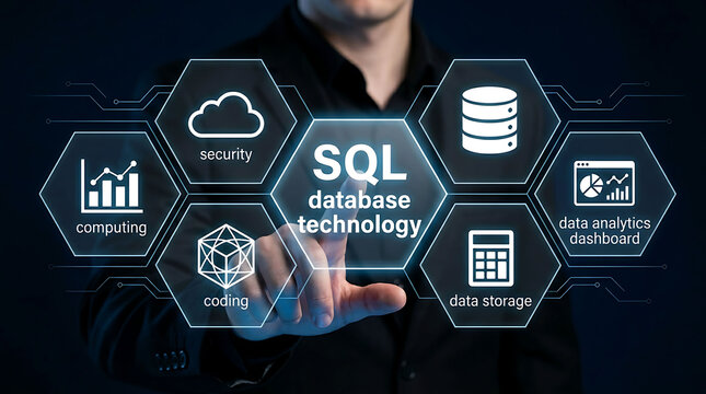 Businessman pointing at SQL database technology hexagonal virtual screen system