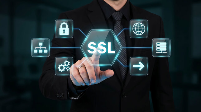 Businessman pointing at SSL virtual hexagonal screen button for network security