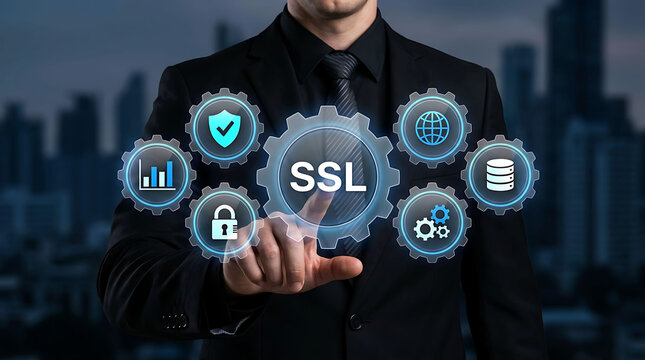 Businessman pointing at SSL virtual gear interface for secure city network