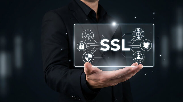 Businessman holding virtual glass panel with SSL data encryption secure network interface
