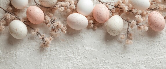 Obraz premium Textured white surface Easter backdrop with quail eggs in pink and white and decorative catkins for celebrations