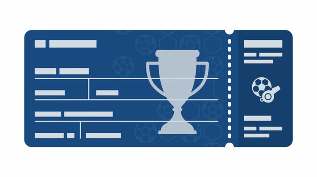 Golden trophy cup icon on blue ticket background.