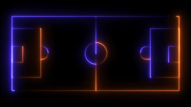 Animation of neon sports stadium isolated on black background with neon lights match football isometric field animation,