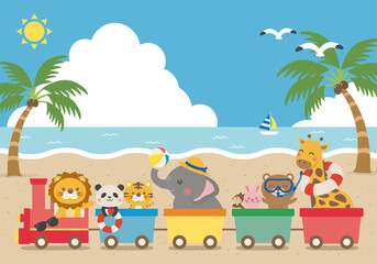 Fototapeta premium 【ベクター】動物汽車の夏イラスト（カラフル・ヤシの木あり・手描き販促素材）