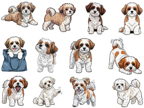 Zuchon dog 12 profile poses collection vector illustration