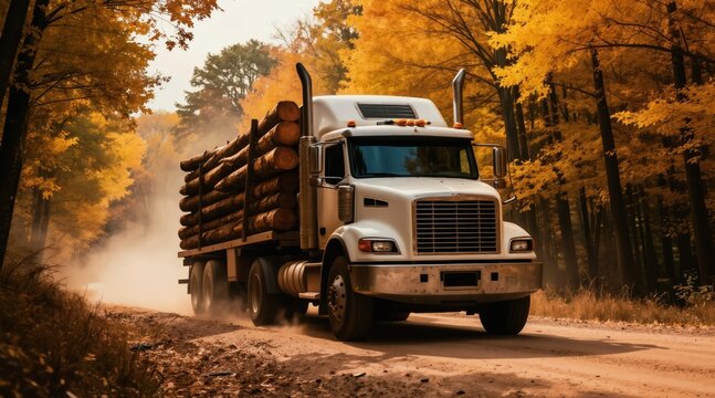 Log truck travels dusty road through bright golden autumn forest. Heavy cargo of wood logs is transported on the flatbed trailer. Seasonal nature scenery.